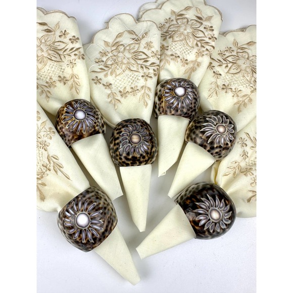 Boho Chic Cowrie Shell Napkin Rings - Set of 6 | Embroidered Ivory Napkin set - Picture 2 of 14